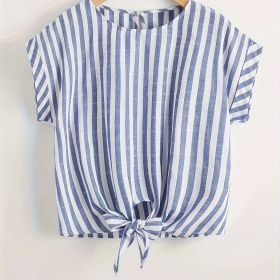 Ladies' Fashionable Cuffs, Hem, Striped Top, Round Neckline, Button Ties, Button Up Shirt (Option: White-XL)