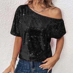 Womens Casual Solid-Color Loose Off-Shoulder Sequin T-Shirt (Option: Black-M)