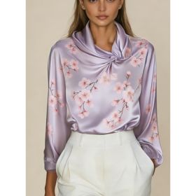 Women's French-style Elegant Satin Printed Turtleneck Long-sleeved Loose-fitting Shirt (Option: Light Purple-XXL)