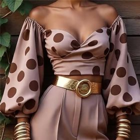 Vintage  Leopard Off Shoulder Puff Sleeve Crop Top (Option: Pink-XXL)