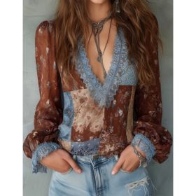French Retro Style Printed Lace Patchwork Shirt For Women (Option: Claret blue-XXL)