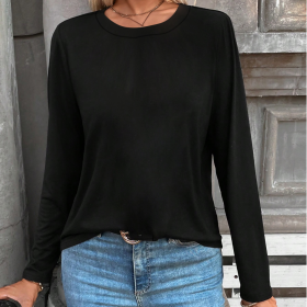 Women's Solid Color Fashionable Casual Home Daily Style Comfortable T-shirt Top (Option: Black-S)