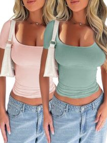 2 Piece Women's T-Shirt Solid Color Y2K Sexy Top Slim Fit Crew Neck Short Sleeves (Option: Multicolored-2pcs-S)