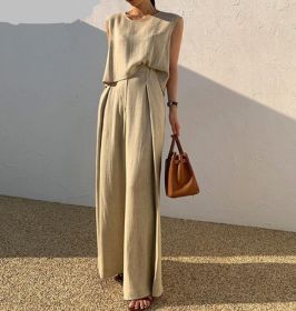 Cotton And Linen Casual Sleeveless Top Wide Leg Pants Two-piece Set (Option: Khaki A-L)