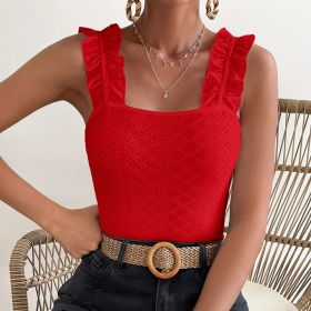 Womens Sleeveless Tank Tops Ruffle Strap Square Neck Eyelet Blouse Slim Fit (Option: Red-XS)