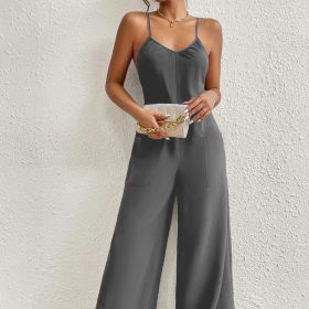 Ladies' Solid Color Chest Pleated Design Cross Suspender Sexy Jumpsuit (Option: Grey-S)