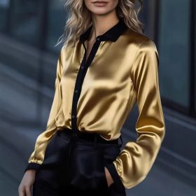 Women's Satin Color-Block Long-Sleeve Shirt Top (Option: Gold-S)