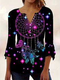 Spring And Autumn New Printed Spike Button Irregular Three-quarter Sleeve T-shirt Casual Top (Option: Black-S)