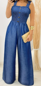 Stylish Ruched Jumpsuit - Sleeveless, Shirred, Wide Leg, Solid Color, Button Decor, Casual, Spring & Summer Essential - Women's Fashion Clothing For W (Option: Royal Blue-S)