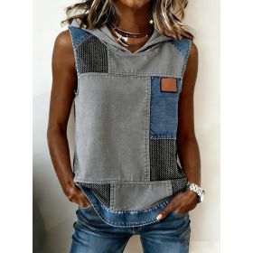 Casual Hooded Sleeveless Patchwork Denim-trimmed Loose-fitting Vest Sweatshirt For Women (Option: Blue gray-2XL)