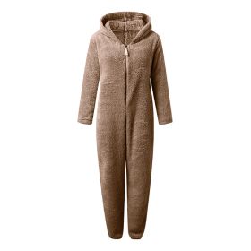 European And American Autumn Winter Women's Wear Fleece-lined Thick Furry Jumpsuit Hooded Cat Ear Pajamas (Option: Khaki-M)