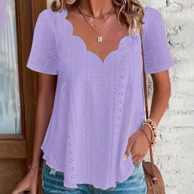 Womens Summer Scallop Trim V Neck Eyelet T-Shirt Short Sleeve Top Dressy Casual Tunic Blouses (Option: Light Purple-S)