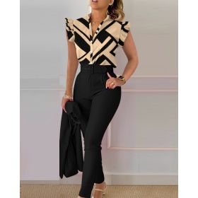 Printed Ruffle Sleeve Top Solid Color Pants Suit With Belt (Option: Apricot color-M)