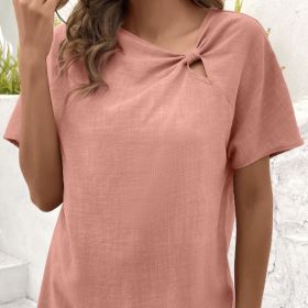 Ladies' Summer New Solid Color Hollow Asymmetrical Collar Fabric Pleated Decorative Details Elegant Style T-shirt (Option: Pink-S)