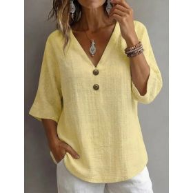 V-neck Button-up Loose-fitting Top For Women (Option: Light Yellow-S)