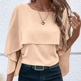 Women's Summer Chiffon Blouses Casual Scoop Neck Cape Sleeve Tunic Tops Shirts (Option: Beige-S)