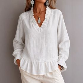 V-neck Pullover Long-sleeve Loose-fitting Womens Top (Option: White-S)