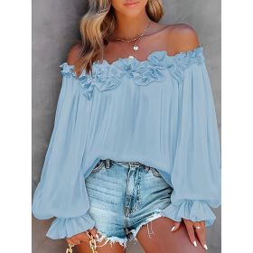 Women's Summer Off Shoulder Top Ruffle Long Sleeve Blouse Casual Loose Shirts (Option: Blue-S)