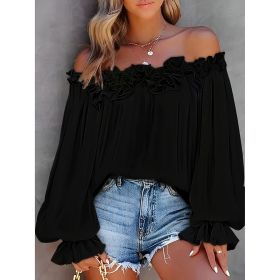 Women's Summer Off Shoulder Top Ruffle Long Sleeve Blouse Casual Loose Shirts (Option: Black-S)