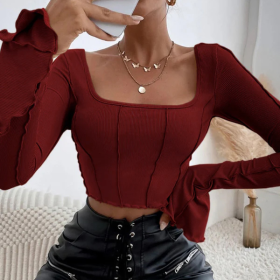 Ladies' Square Neck T-shirt With Fashionable Tight Fitting And Slimming Design, Slim Fit, Square Neck And Back Strap Design, T-shirt Top (Option: Red-S)
