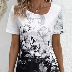 Ladies' Flower Print Asymmetrical Sloping Shoulder Collar Casual T-shirt Top (Option: White-S)