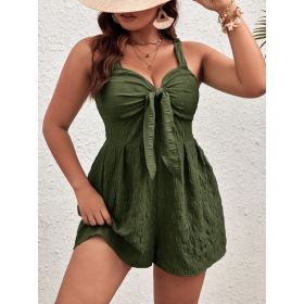Plus Size Women's Summer Solid Color Front Knot Casual Tank Top Romper (Option: Green-L)