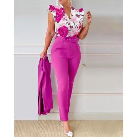 Printed Ruffle Sleeve Top Solid Color Pants Suit With Belt (Option: Deep Pink-XXL)