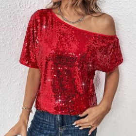 Womens Casual Solid-Color Loose Off-Shoulder Sequin T-Shirt (Option: Red-S)