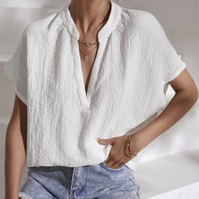 Women's Summer New Notch Batwing Sleeve Shirt Deep V-neck Casual Loose Short Sleeved Top (Option: White-S)