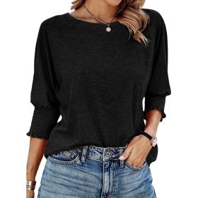 Womens Loose Fit Round Neck Smocked Cuffs Shirts Casual Solid Color Blouses (Option: Black-S)