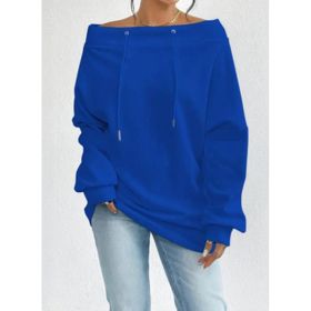 Women's Loose Casual Drawstring Off-the-shoulder Off-shoulder Top (Option: Blue-1XL)