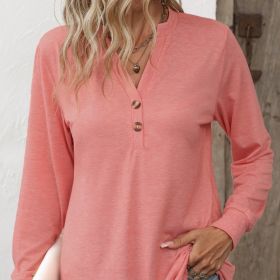 Ladies' Fashion New Button Peach Red Open Neck T-shirt Casual Top (Option: Pink-XXL)