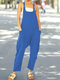 Ladies' Solid Color Button Pocket Design Fashionable Jumpsuit (Option: Blue-S)