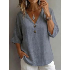 V-neck Button-up Loose-fitting Top For Women (Option: Light Gray-S)