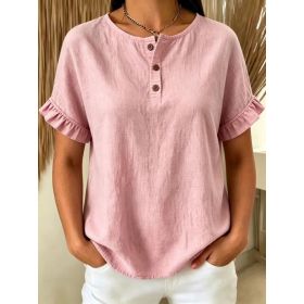 Womens Cotton-Linen Ruffle-Trimmed Button-Up Short-Sleeve Top (Option: Pink-S)