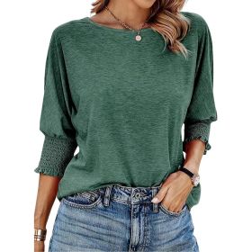 Womens Loose Fit Round Neck Smocked Cuffs Shirts Casual Solid Color Blouses (Option: Dark green-S)