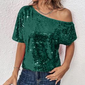 Womens Casual Solid-Color Loose Off-Shoulder Sequin T-Shirt (Option: Green-S)