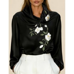 Women's French-style Elegant Satin Printed Turtleneck Long-sleeved Loose-fitting Shirt (Option: Black-XXL)