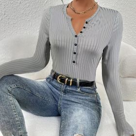 Women's Solid Color Simple Casual Versatile Button Long Sleeved Pullover Knitted Sweater (Option: Grey-S)