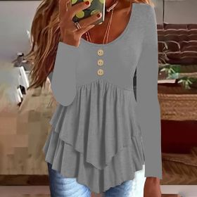 Womens Casual Long Sleeve T-Shirt Solid Color Round Neck Layered Button Front Tunic Tops (Option: Gray-S)