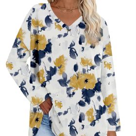 Ladies' Loose Solid Flower Print Casual Long Sleeved V-neck Casual Daily T-shirt Top (Option: MU-XXL)