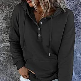 Women's Solid Color Hooded Casual Long Sleeved Cute Hooded Sweatshirt Pullover Top (Option: Black-XXL)