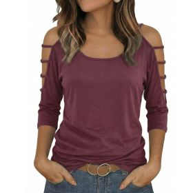 Womens Round Neck Three-Quarter Sleeve, Off-Shoulder Loose Top (Option: Wine Red-S)