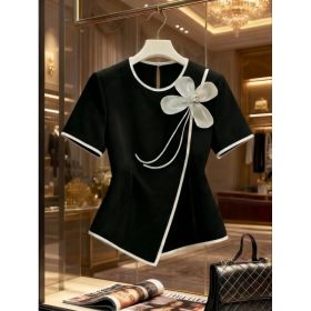 Black And White Contrasting Color 3D Flower Slim-fit Versatile Short-sleeve Top For Women (Option: Black-M)