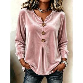 Elegant V-neck Buttoned Long-sleeve Velvet Blouse For Women (Option: Pink-S)
