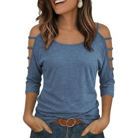 Womens Round Neck Three-Quarter Sleeve, Off-Shoulder Loose Top (Option: Blue-S)