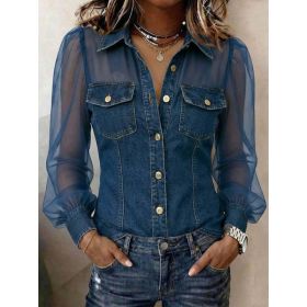 Collar Lace Long Sleeved Top (Option: Dark Blue-3XL)