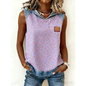 Casual Hooded Sleeveless Patchwork Denim-trimmed Loose-fitting Vest Sweatshirt For Women (Option: Purple-2XL)