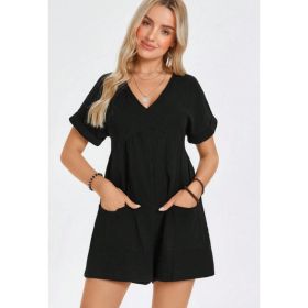 Batwing Sleeve Pocket Patched Romper (Option: Black-3XL)