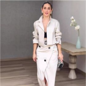 European And American Leisure Workwear Elegant Button Belt Suit Skirt (Option: Apricot-L)